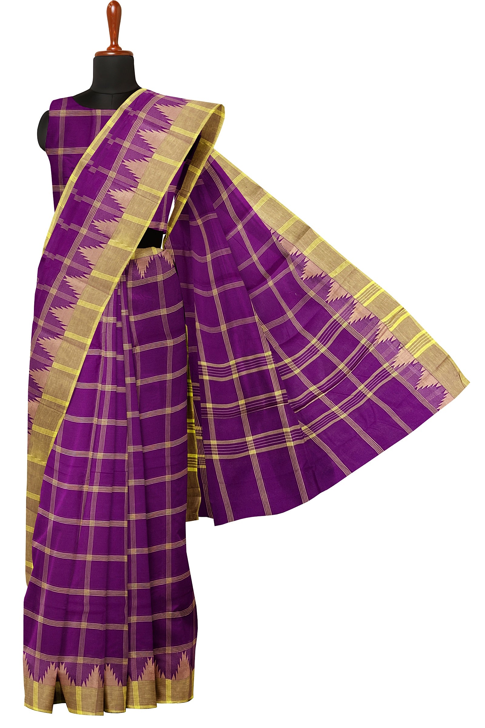 Multi-color checked chettinad cotton saree, self-border of traditional  designs & pallu of stripes